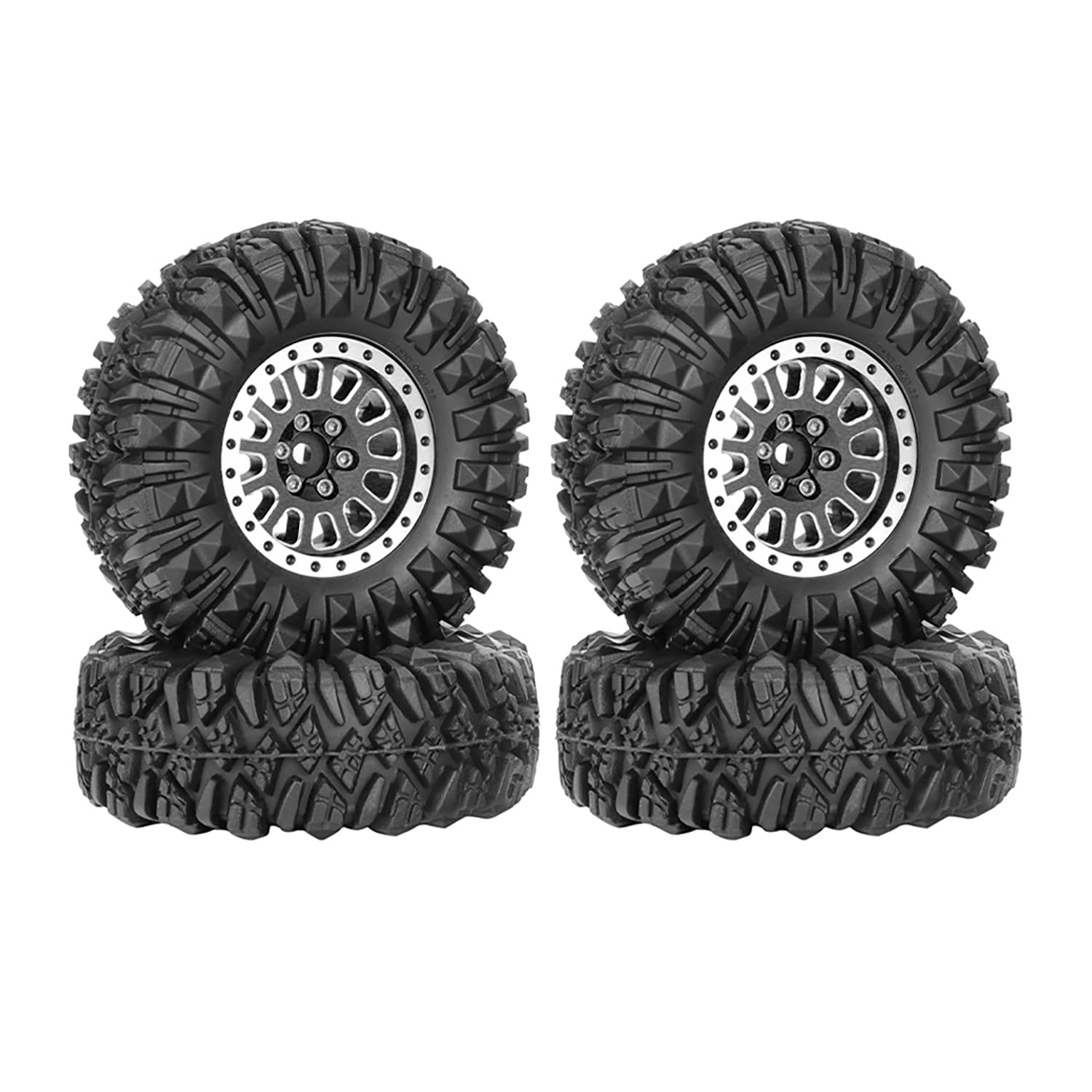 KINGCOO 4PCS 1.33" Aluminum Alloy Beadlock Wheel Rims All-Terrain Tyre 70mm Rubber Tires Set including 5mm & 7mm Hex for 1/12 1/14 1/18 1/24 RC Rock Crawler Car Upgrade Parts (B-Black)