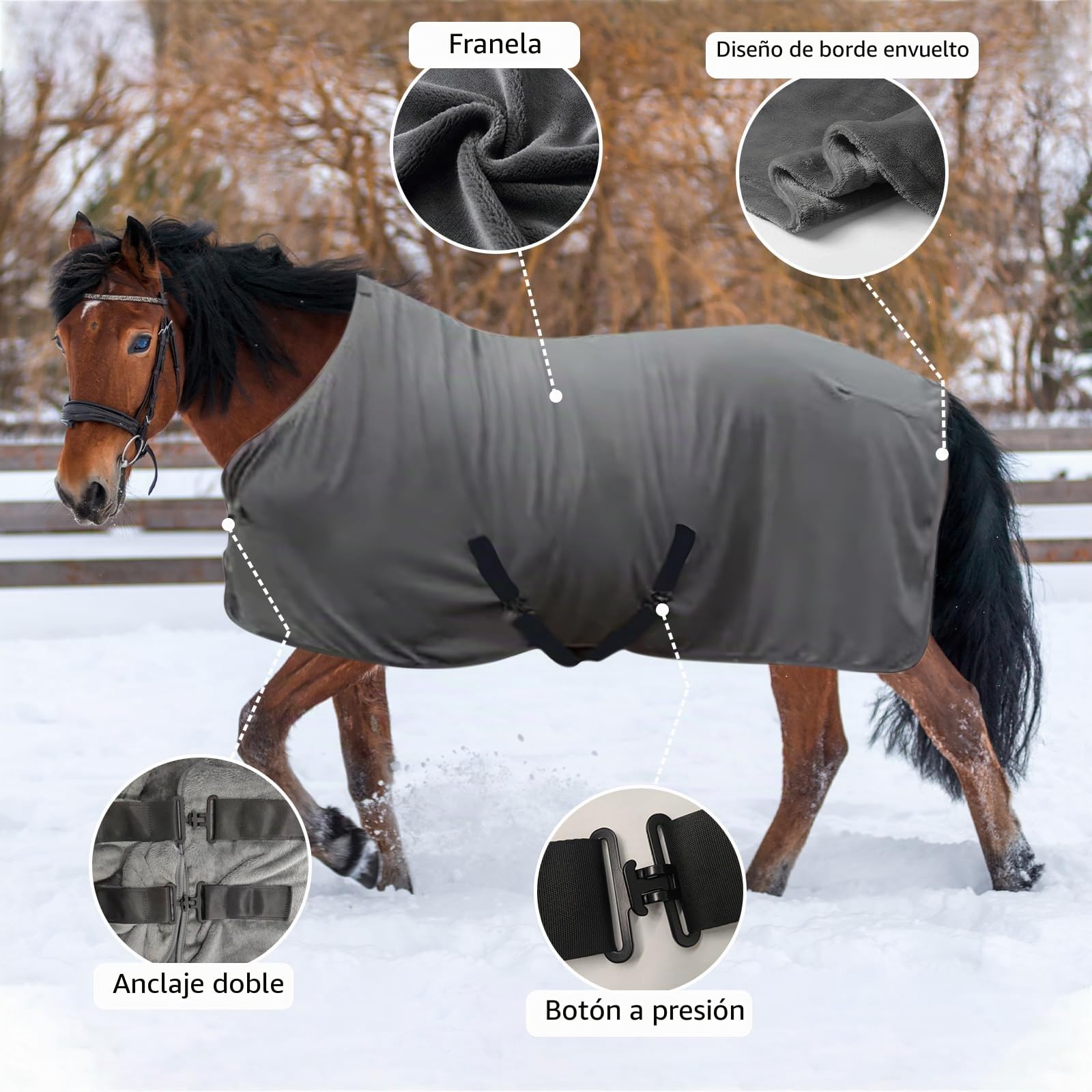 Manta de Invierno para Caballo, de Felpa Gruesa y Cálida, con Cinchas Cruzadas y Hebilla Pectoral Ajustables, Protección contra el Frío, Color Gris