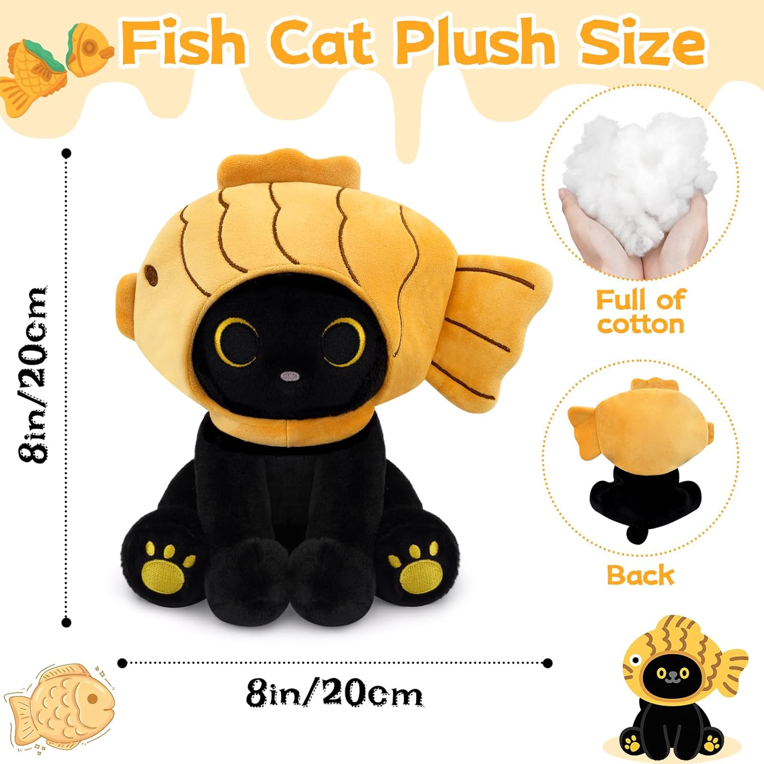 Fish Stuffed Animal Cat Plush, 8inches Black Cat Plush with Brown Taiyaki Hood Removable, Kawaii Stuffed Kitten Doll Toy Cute Plushies for Girls Kids Boys，Christmas Birthday Gifts