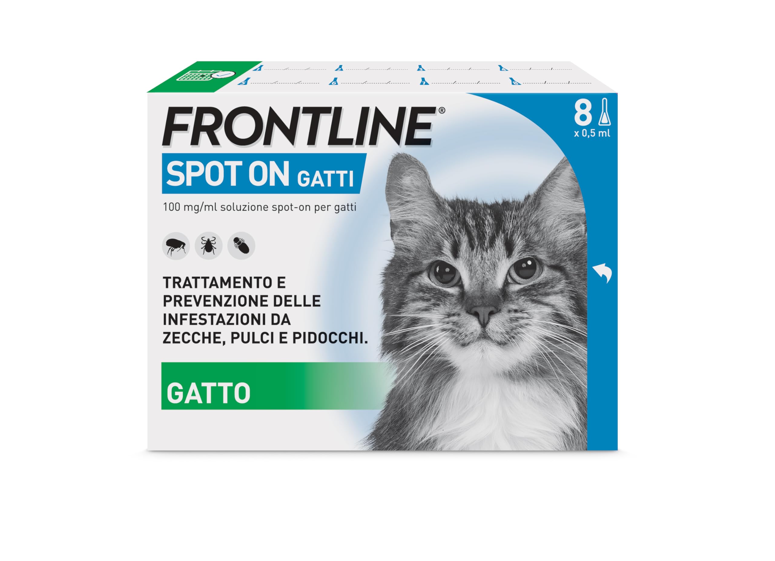 FRONTLINE Spot On, 4 e 4 Pipette, Gatto, Antiparassitario per Gatti e Gattini di Lunga Durata, Protegge da Zecche, Pulci e Pidocchi, Antipulci in Confezione da 8 Pipette da 0.5 ml