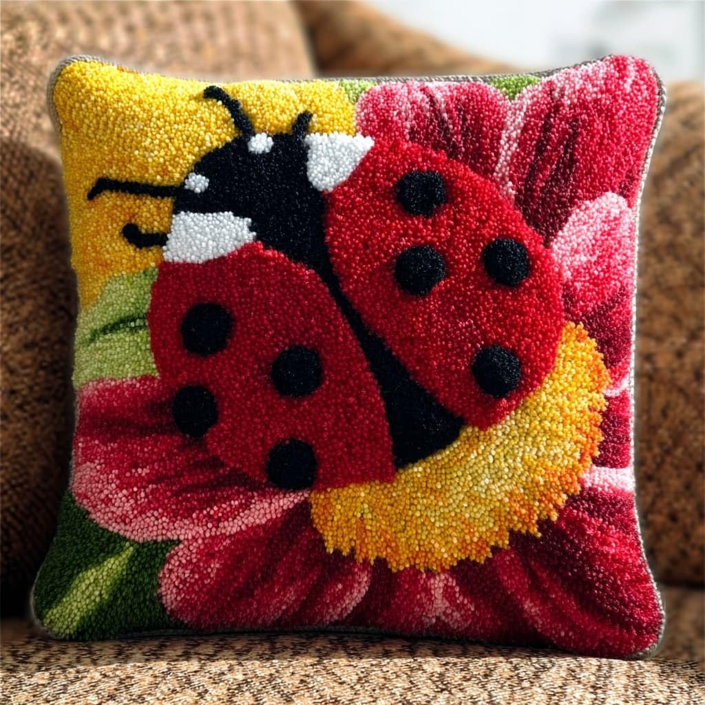 Henypt DIY Latch Hook Pillow Cover Kits Flowers and Ladybugs