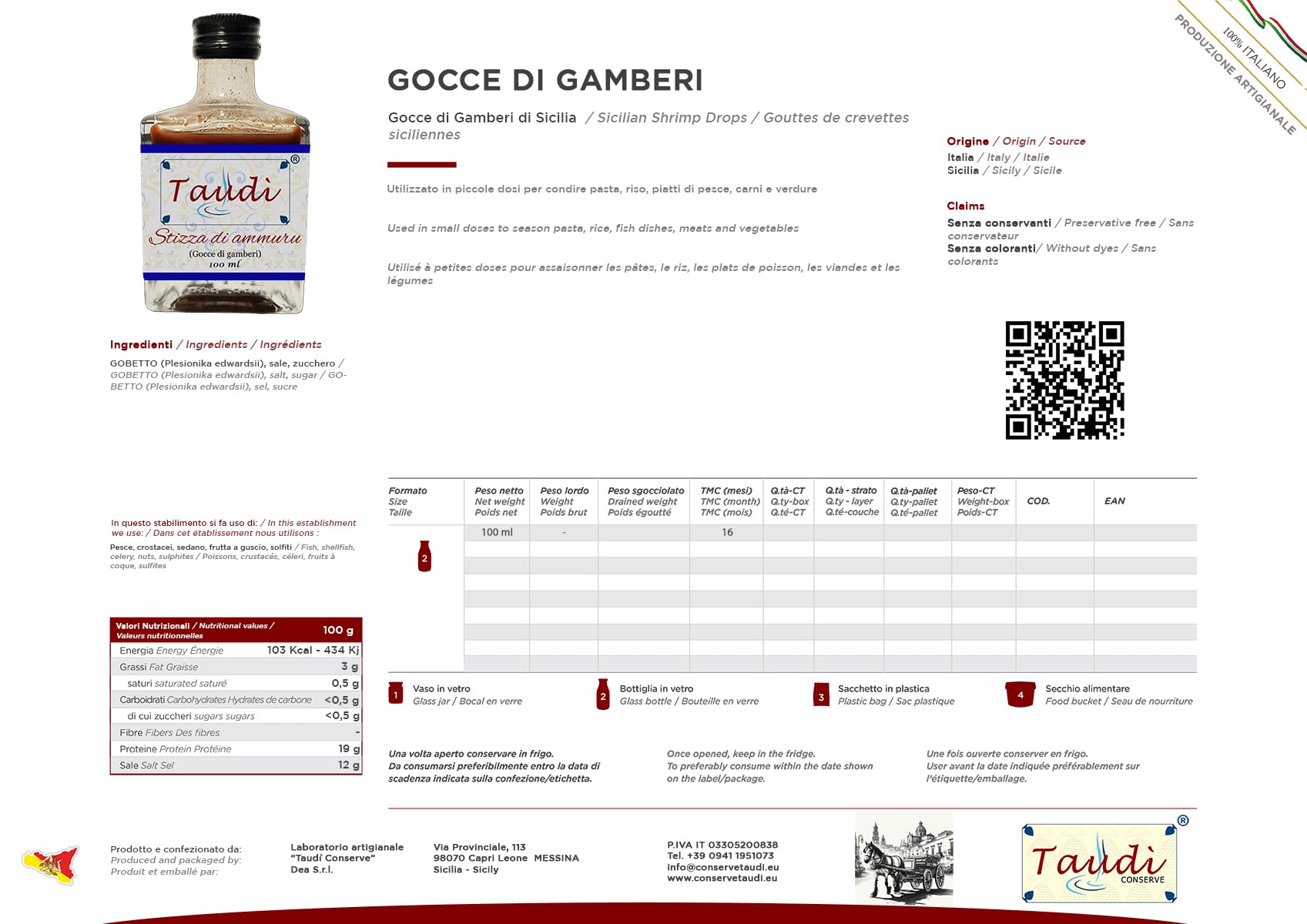Taudì Conserve Gotas de Gamba de Sicilia – Salsa Natural Artesanal con Gambas Locales y Sal Marino, Sin Conservantes – Ideal para Pasta, Risotto, Pescado y Verduras – Frasco de 100ml