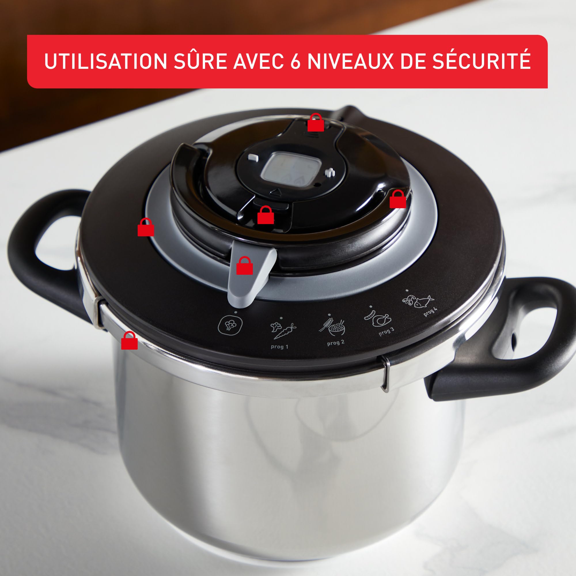 SEB Clipso+ CHEF 10L Cocotte-minute, 7-10 convives, Induction, 4programmes cuisson, Ouverture et fermeture du couvercle d'une seule main, P4551500, Gris