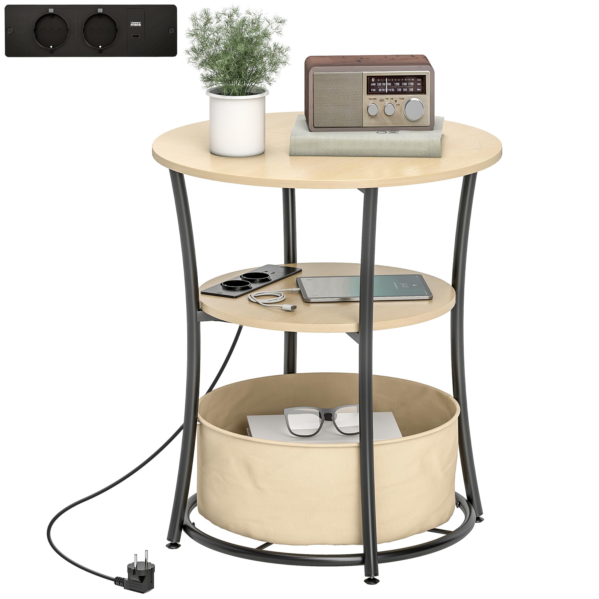 HOMCOM Mesa Auxiliar Redonda de 3 Niveles Ø50x55,1 cm Madera Natural | Estación de Carga, Mesita Auxiliar Industrial, 2 Estantes Abiertos, Bolsa de Almacenaje, para Salón Dormitorio Librería