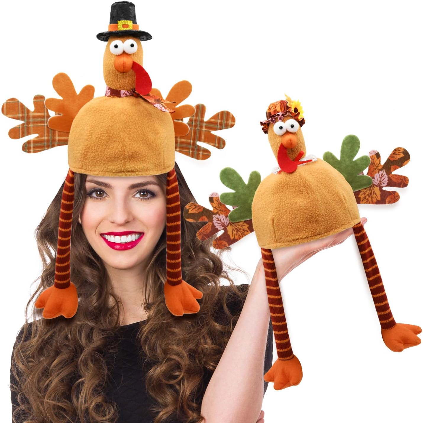 Thanksgiving Costume Plush Turkey Hats, 2 Pcs Gobbler Turkey Hats for Adult, Novelty Thanksgiving Dressup Party Favors, Funny Turkey Trot Holiday Gifts