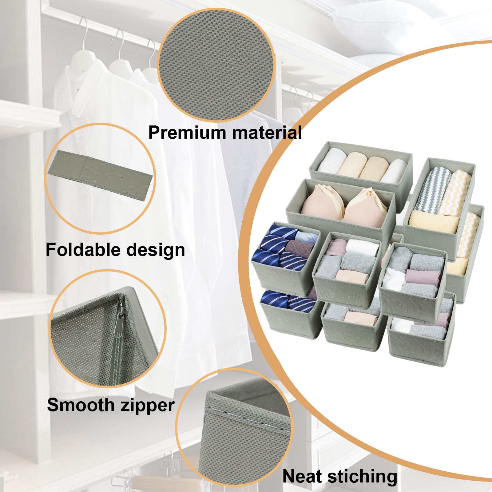 Set mit 12 Schubladen-Organizer, Stoff-Schrank-Organizer und Aufbewahrungskörben, faltbarer Schubladenteiler für Kleidung, Socken, Krawatten, Unterwäsche, Schubladen-Organizer, Set von