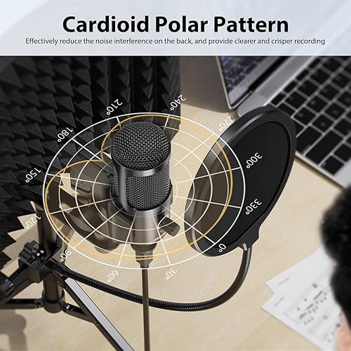 Miniatura 5 de Escudo de aislamiento de micrófono de grabación de estudio con filtro pop y trípode de metal, micrófono condensador USB para PC, portátil, teléfono