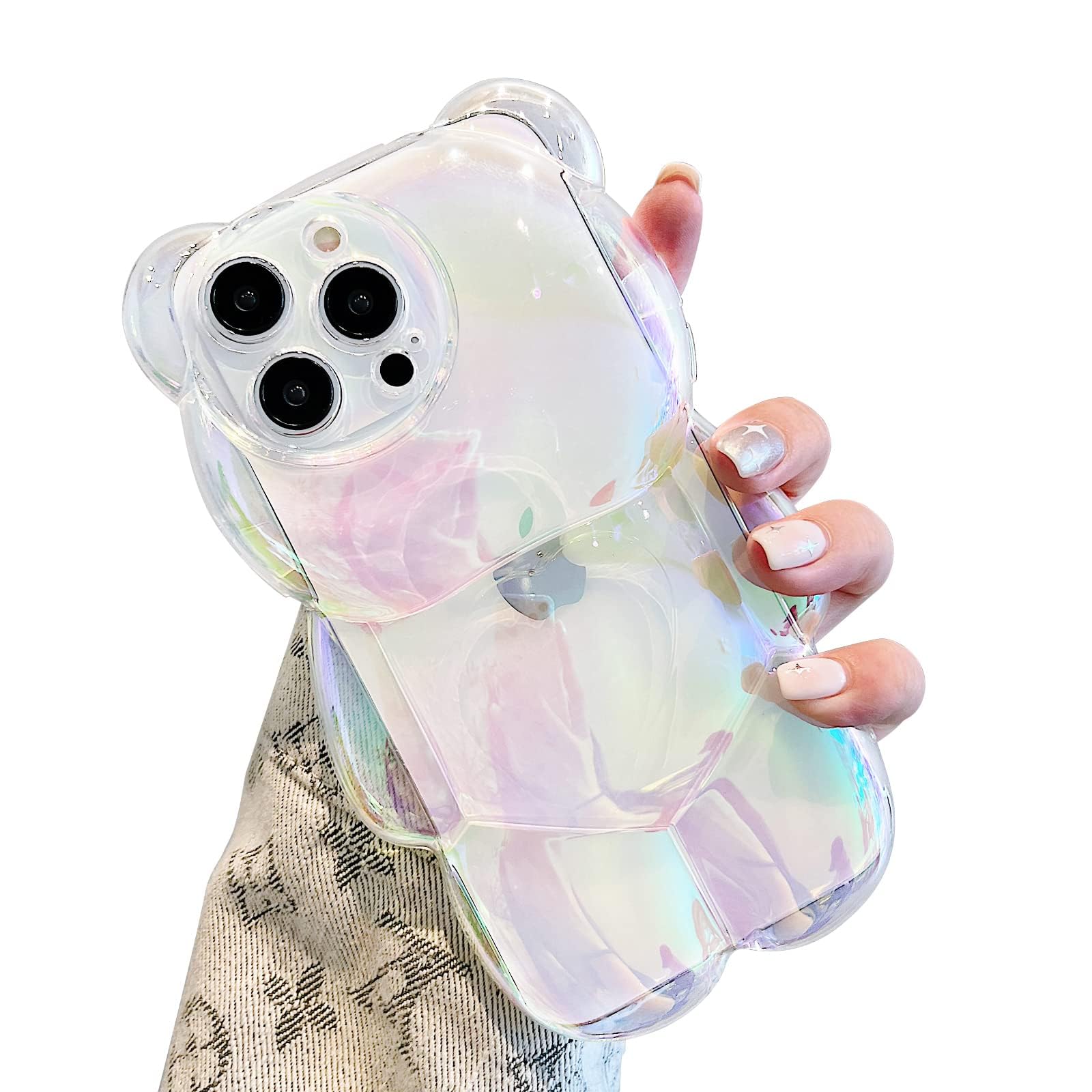 YWYUHE Bear Phone Case Compatible with iPhone 15 Pro Max Case, Cute 3D Holographic Clear White Bear Case, Shockproof Kpop Cartoon Bear Phone Case for
