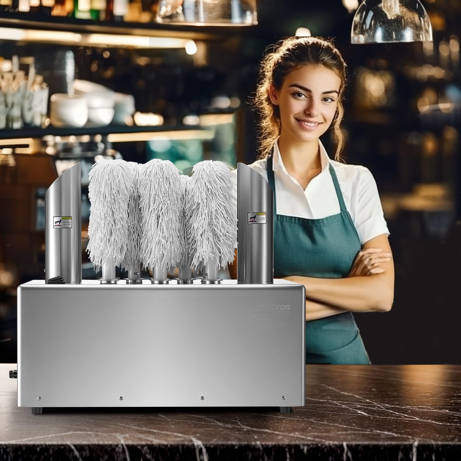 VEVOR Pulidora de Copas de Vino con 8 Cepillos Pulidora de Copas Eléctrica Comercial de 660 tazas/hora para Copas de Champán, Vasos de Cerveza, Jarras, para Bares, Restaurantes, Cocinas, Plata