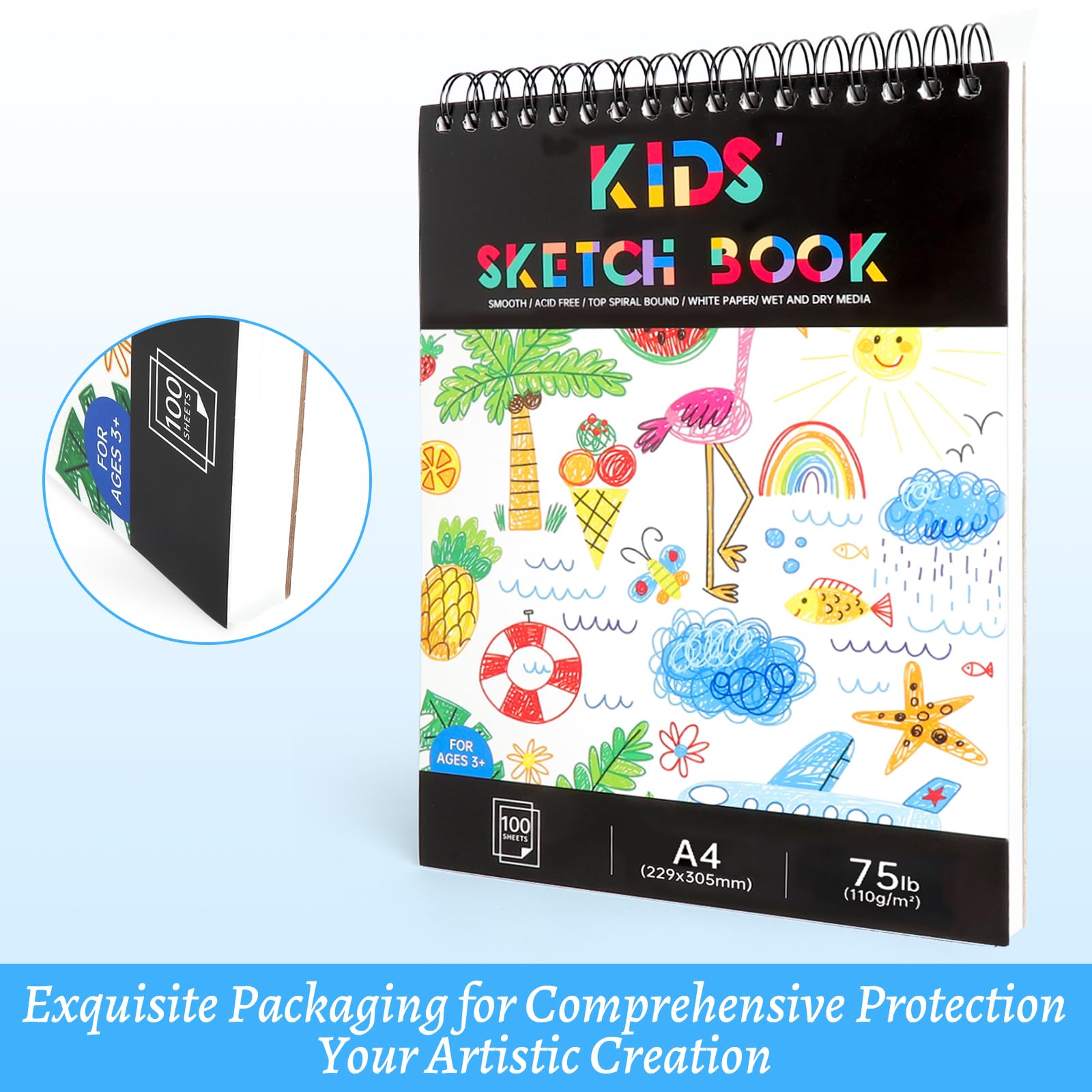 Cuaderno de Dibujo A4 100 Hojas, Bloc de Bocetos con Espiral y Tapa Dura, Papel de Dibujo 110 g/m² a Doble Cara, 200 Páginas, Sketchbook para Estudiantes y Artistas, Drawing Book