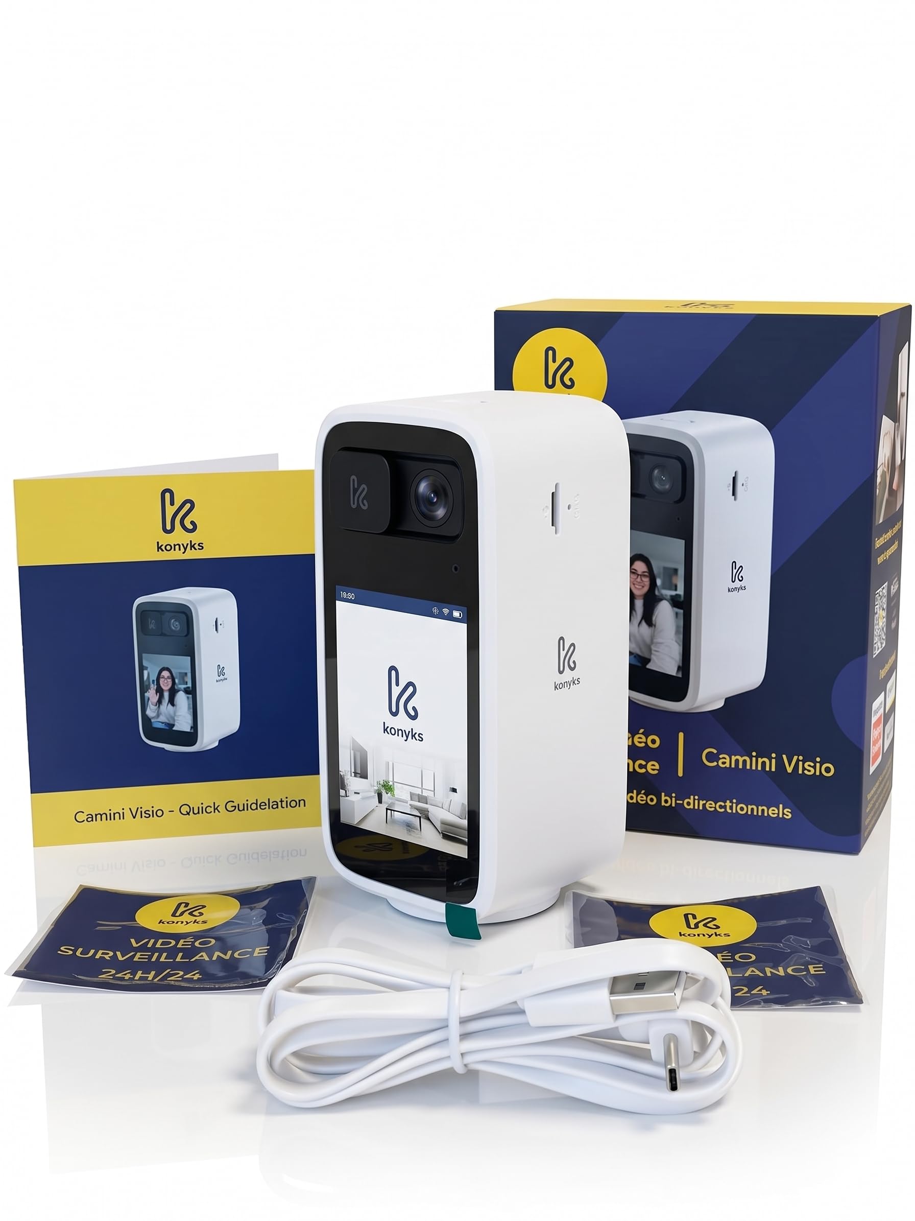 Konyks Camini Visio - Cámara Wi-FI 4MP con Pantalla LCD de 2,8" 2,4 y 5 GHz con Pantalla de vídeo y Audio bidireccional y Reloj Integrado