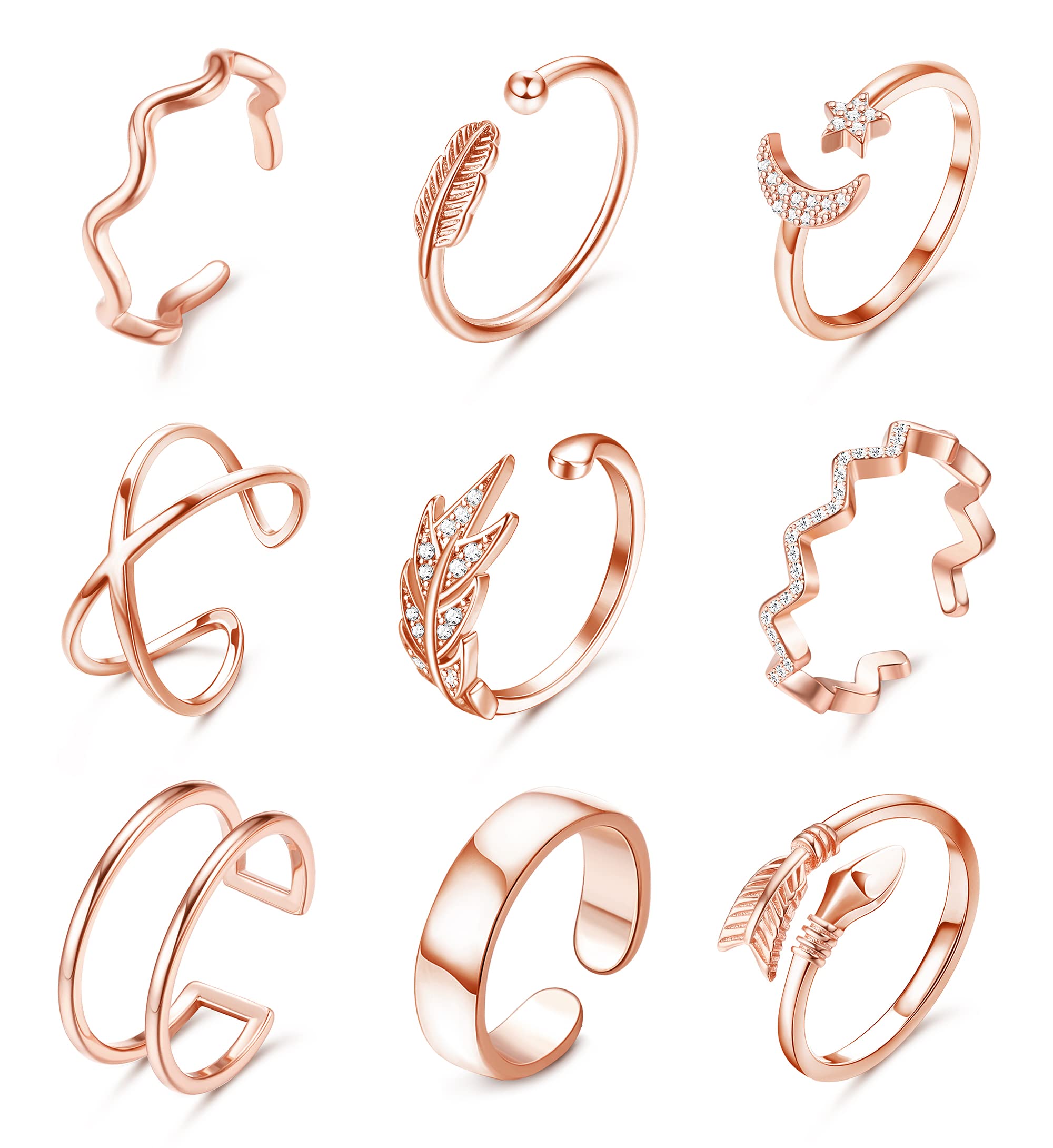 MILACOLATO9cs Juego de Anillos para Mujer, Juego de Anillos Abiertos Ajustables, Set Anillo de Nudillo Ajustable con Cola de Apilable para Dedo para Mujeres y Niñas, Joyería de Oro Rosa y Oro