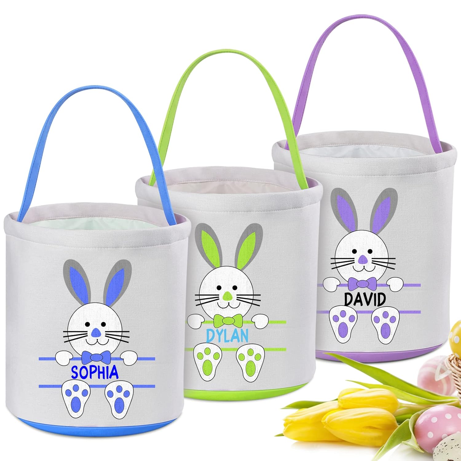 Personalized Easter Basket, VAPCUFF 3 Pcs Easter Basket with Name Easter Baskets for Kids Easter Bunny Basket Bags Easter Basket with Handle Easter Eggs Hunt Baskets for Kids Easter Gifts Basket