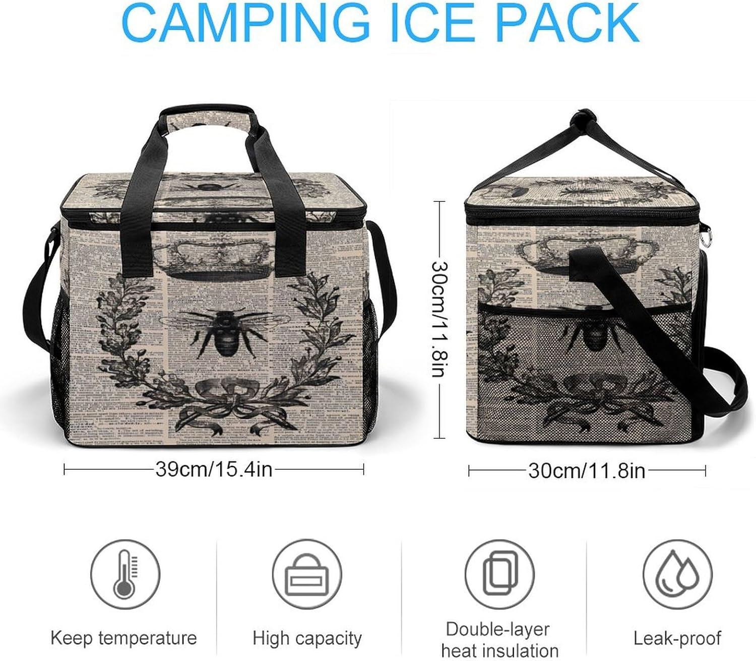 Vintage French Queen Bee Cooler Bag, Collapsible Soft Sided Cooler, Large Leakproof Camping Cooler, Portable Travel Cooler for Camping, Road Trips