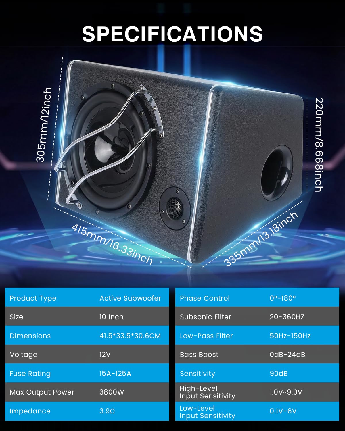 Subwoofer Activo para Maletero 3800W, Amplificador Integrado