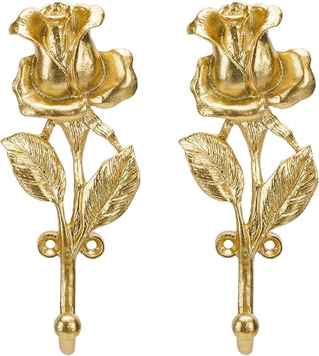 SOFFEE DESIGN 2 ganchos individuales dorados con diseño de rosas 3D, estilo retro adornado para decoración de pared de habitación, abrigo, sombrero,