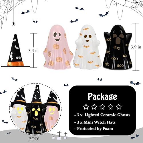 Miniatura 2 de Decoraciones de Halloween para interiores, 3 fantasmas de cerámica de Halloween con sombrero de bruja, bonita decoración espeluznante iluminada,