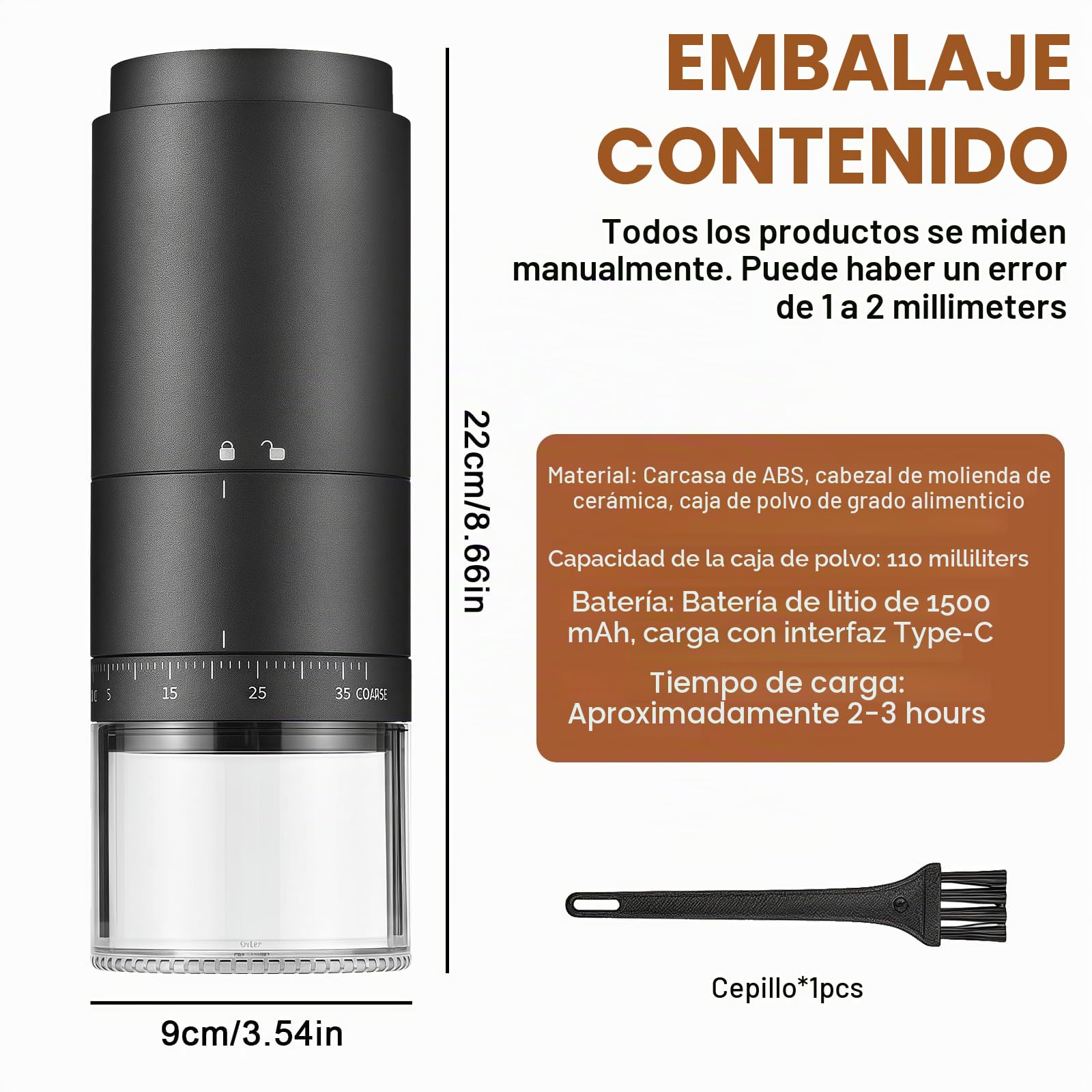 PORFOYO Molinillo de café eléctrico portátil con 38 ajustes de molienda, indicador de potencia digital, molinillo de café expreso recargable, molinillo de café expreso eléctrico