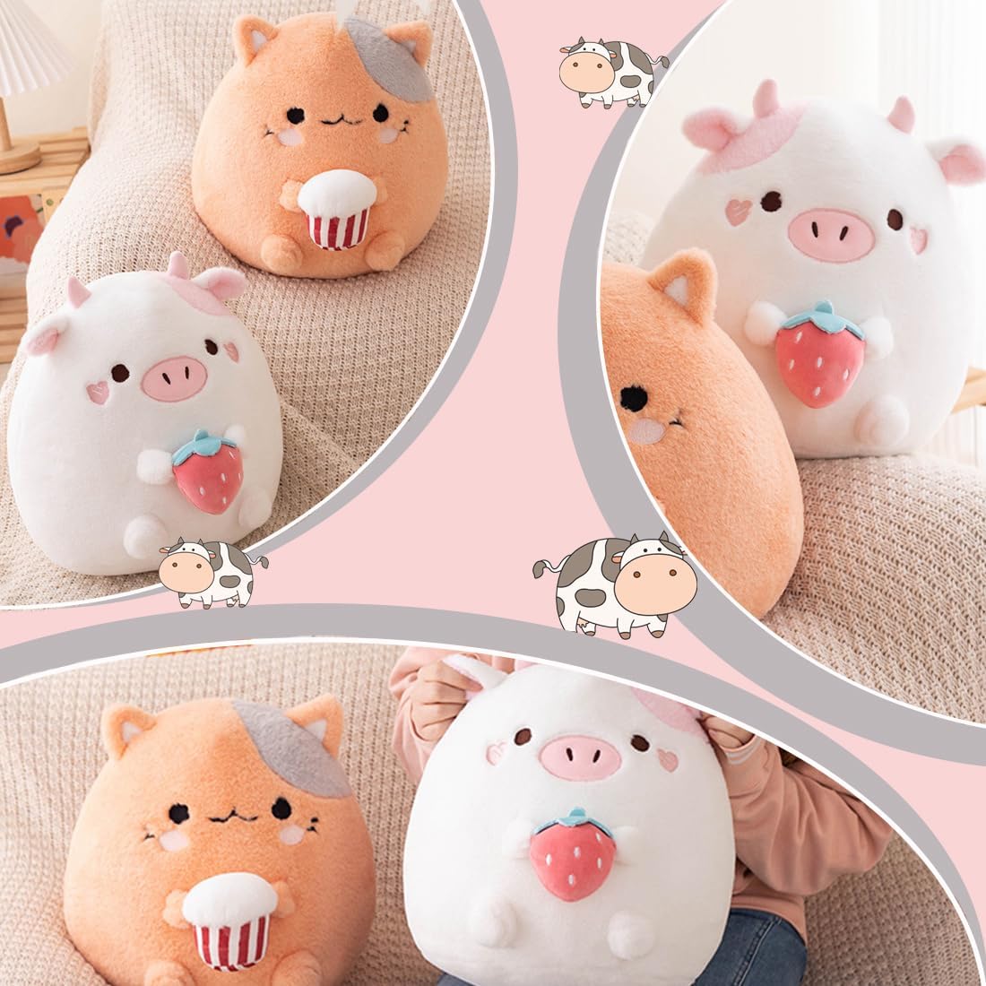 ELAINREN PP Cotton Cow Plush Toy Pillow Ultra-Soft Stuffed Pink Calf with Strawberry/11.8''