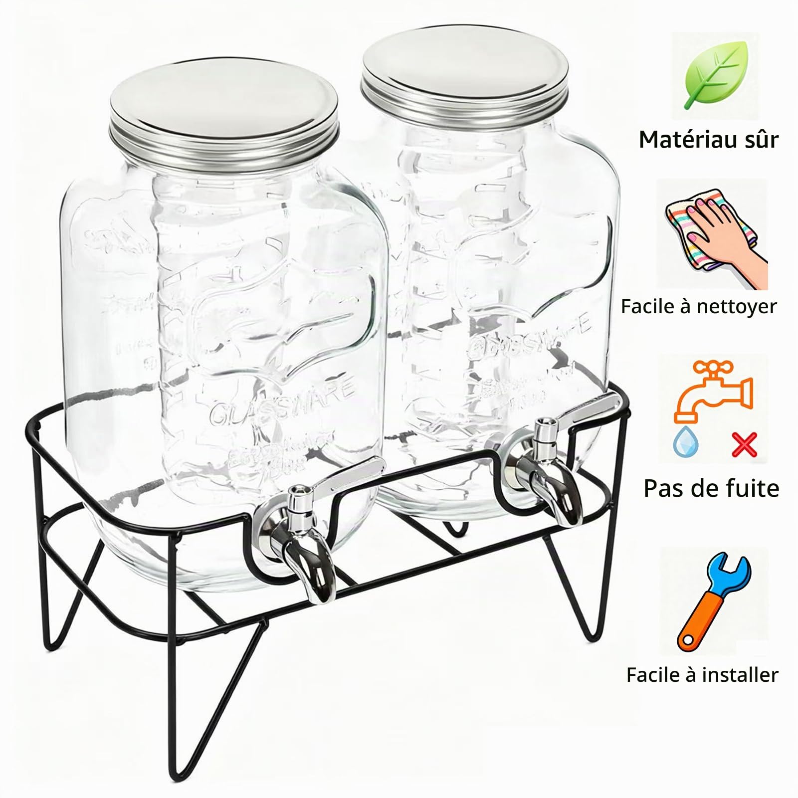 Distributeur de Boissons en Verre 1 Gallon (Lot de 2) avec Robinet en Acier Inoxydable – Idéal pour Fêtes, Boissons et Limonade