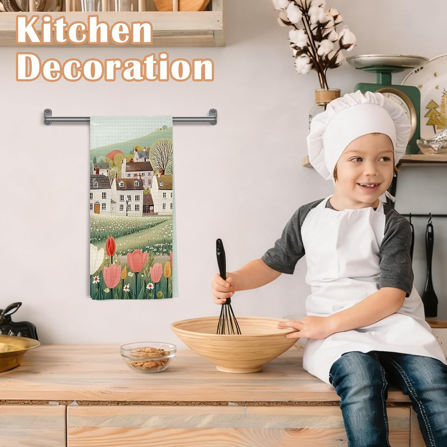 Spring Tulip Floral Kitchen Towels, Spring Bathroom Decor, Rustic Countryside Village Landscape Decorative Hand Tea & Dish Towels for Bathroom Kitchen, 16x24 Inch - Image 4