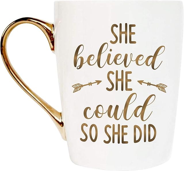 Novaova Inspirational Gold Ceramic Coffee Tea Cup She Believed She Could So She Did Coffee Mug for Her Girl Best Friend Sister Graduation Birthday Christmas Friendship Motivational Gift