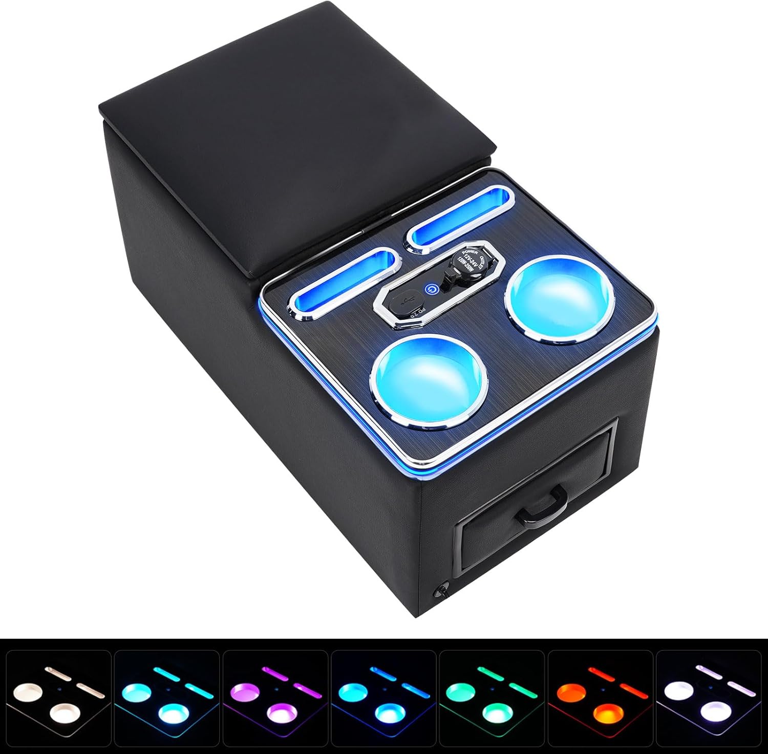Center Console Organizer, Rear Bench Seat Armrest Organizer with Fast Phone Charging & Cup Holders, Automotive Center Storage Box Upgraded 7-Color Adjustable LED Lighting for Car Minivan Van Truck