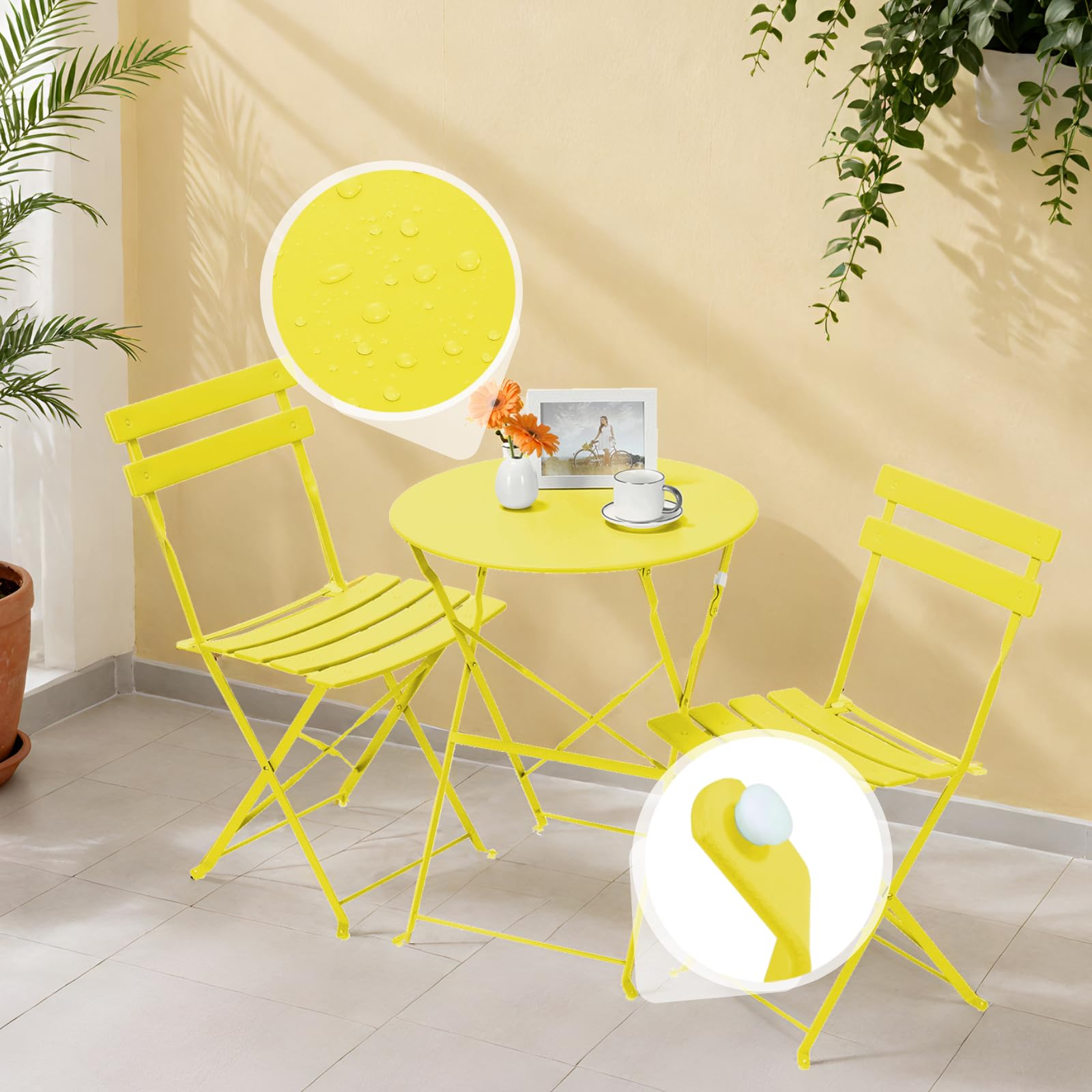 LIFERUN Juego de Muebles de Balcón de 3 Piezas, Bistro Set de Metal con 1 Mesa y 2 Sillas, Resistentes a la Intemperie, Plegables, para Pequeños Balcones, Terrazas y Jardines, Amarillo