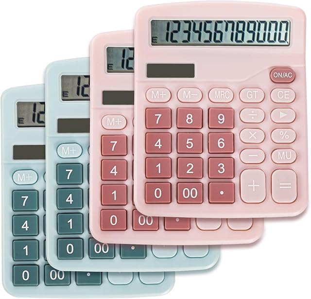 Noamus 4 Pack Calculatrices de base, calculatrices de bureau à main standard, batterie solaire double puissance 12 Calculatrice de bureau à chiffres avec grande taille LCD Affichage et grand bouton sensible pour l'école de bureau rose bleu