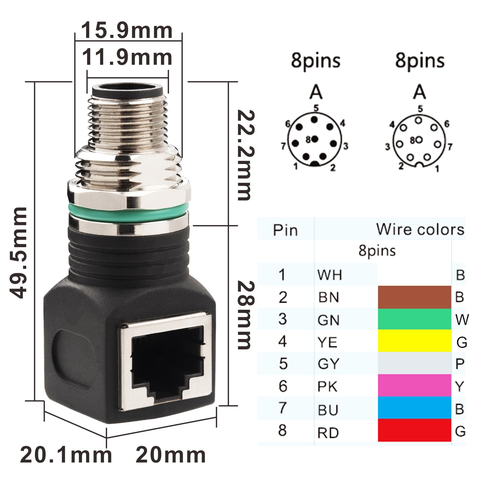 Adattatore M12 maschio 8pin-RJ45, 90°, plastica, IP68, adattatore industriale schermato per fotocamera, sensore