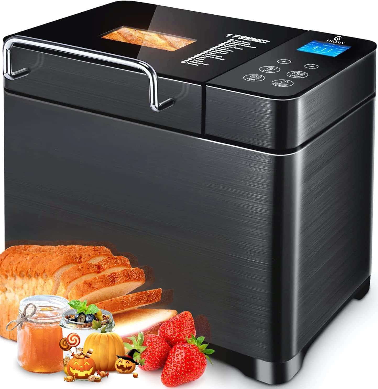 EONBON Macchina per il pane in acciaio inossidabile 17in1 Doppio riscaldatore, 710 W 2 libbre grandi macchine per il pane senza glutine, macchina per impasti, marmellata, yogurt PROG, dispenser