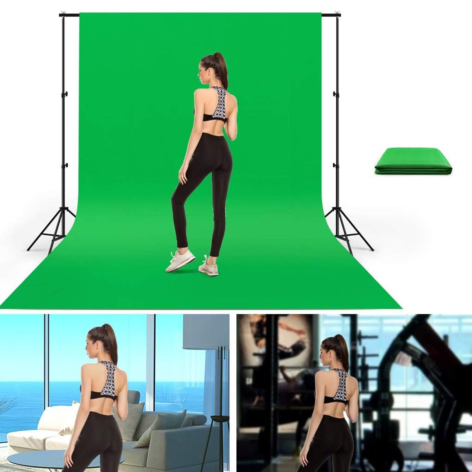 Kit de support Green Screen Backdrop - Toile de fond portable pour écran vert de 5 x 6,5 m avec support en forme de T et 5 clips pour le streaming, le jeu, le zoom