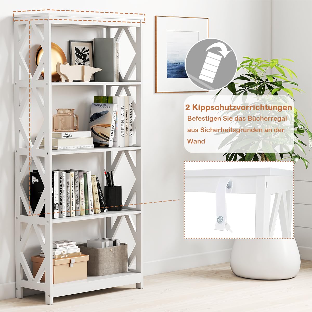 COSTWAY 5-stöckiges Bücherregal, offenes Holzregal mit rhombischer Struktur, Standregal weiß, freistehendes Aufbewahrungsregal für Küche, Wohnzimmer & Schlafzimmer, 70 x 30 x 155 cm