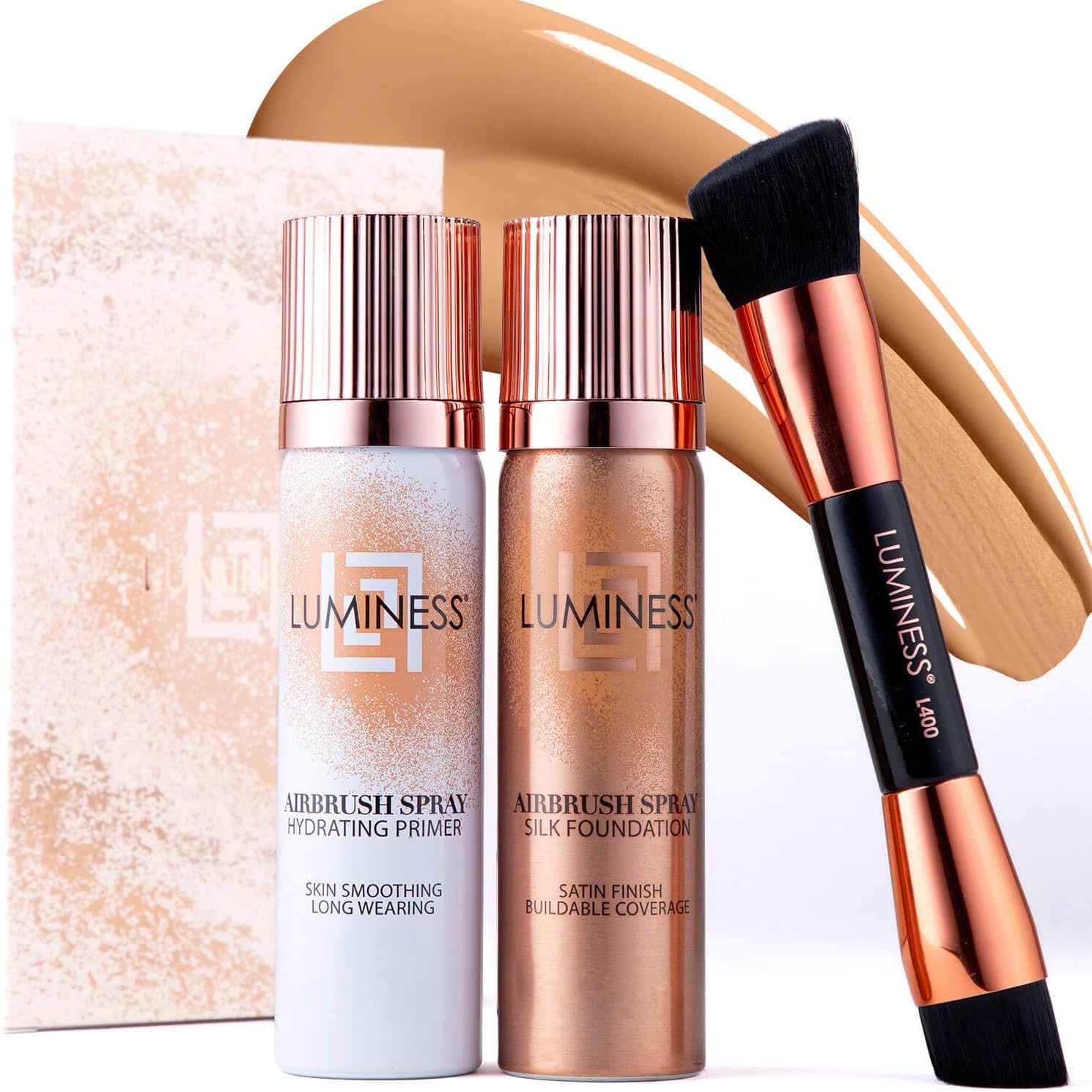 Airbrush Spray Silk Foundation Starter Kit - Light Warm - Foundation, Primer & Dual-Sided Angled Buffing Brush - Medium, Buildable Coverage, Anti-Aging Formula Hydrates & Moisturizes