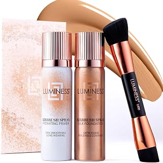 LUMINESS Airbrush Spray Silk Foundation Starter Kit - Light Warm - Foundation, Primer & Dual-Sided Angled Buffing Brush - Medium, Buildable Coverage, Anti-Aging Formula Hydrates & Moisturizes
