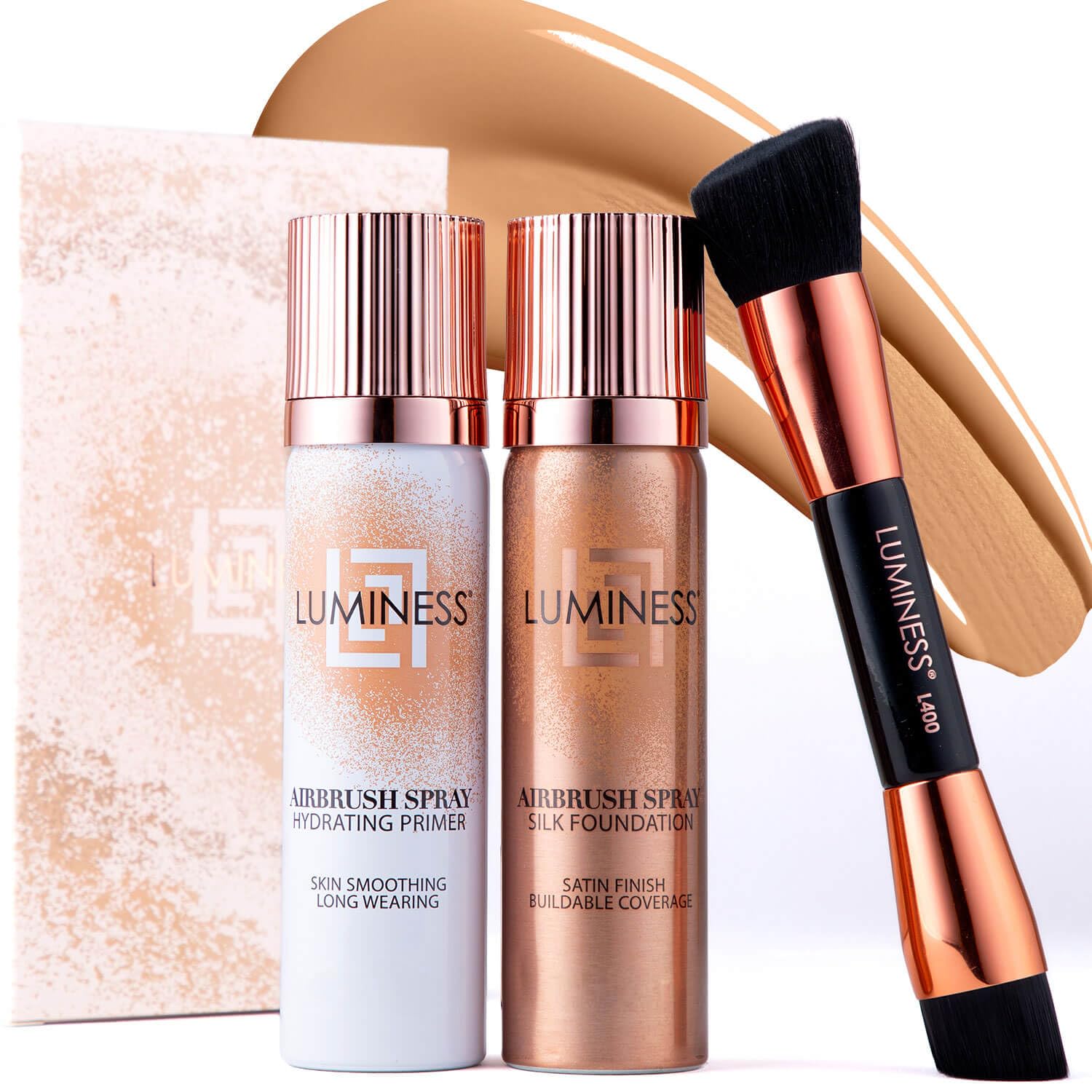 Airbrush Spray Silk Foundation Starter Kit - Light Warm - Foundation, Primer & Dual-Sided Angled Buffing Brush - Medium, Buildable Coverage, Anti-Aging Formula Hydrates & Moisturizes