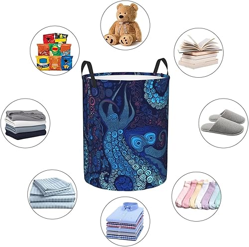 Miniatura 6 de Cesta circular con estampado de pulpo azul, impermeable, cesta organizadora de lavandería, con asas, para ropa, juguetes, tamaño mediano