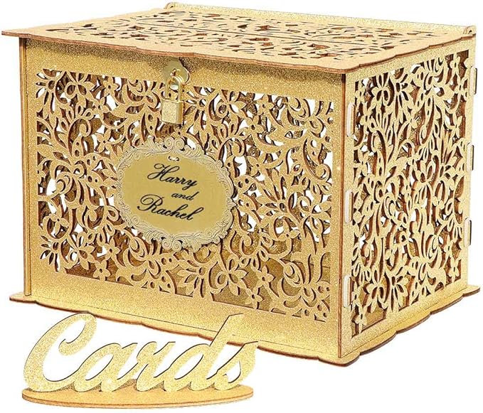 OurWarm Glittery Gold Wedding Card Box with Lock, Wood Gift