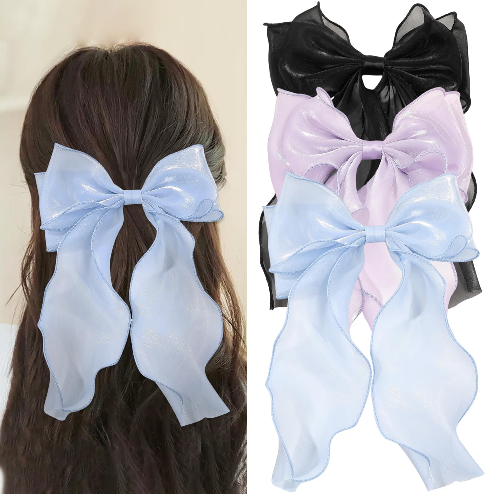 Lazos Pelo Mujer, 3 Pinzas Para el Pelo con Lazo Grande de SatéN Sedoso, Lazos Franceses de Cola Larga Pelo de SatéN Para Accesorios Para el Cabello Para Mujeres Y Niñas, Boda (Negro, Azul, Morado)