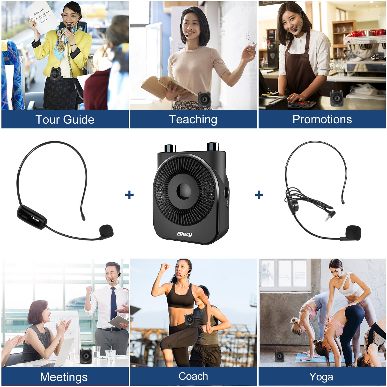 Amplificatore Vocale portatile con Microfono Cuffia Wireless UHF, Ricaricabile 2600mAh, Batteria a Lunga Durata, Mani Libere per Insegnanti, Guide Turistich, Attività all'Aperto