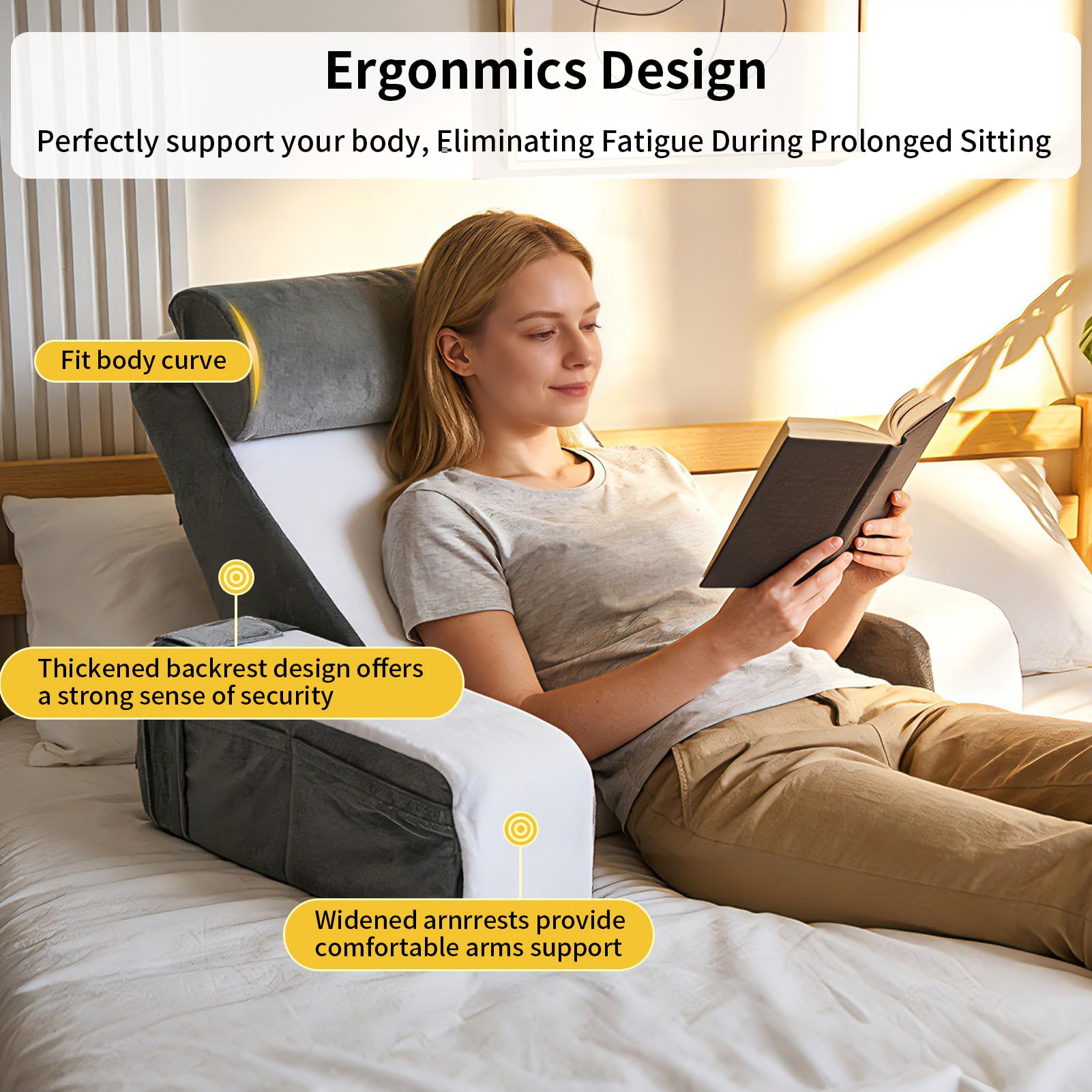 Lesekissen Für Bett Und Sofa, Rückenkissen Mit Abnehmbarer Nackenrolle & Armlehne, Rückenstützkissen Bett Mit Aufbewahrungstasche, Rückenlehne Kissen Zum Lesen, Arbeiten, Schlafen, Fernsehen