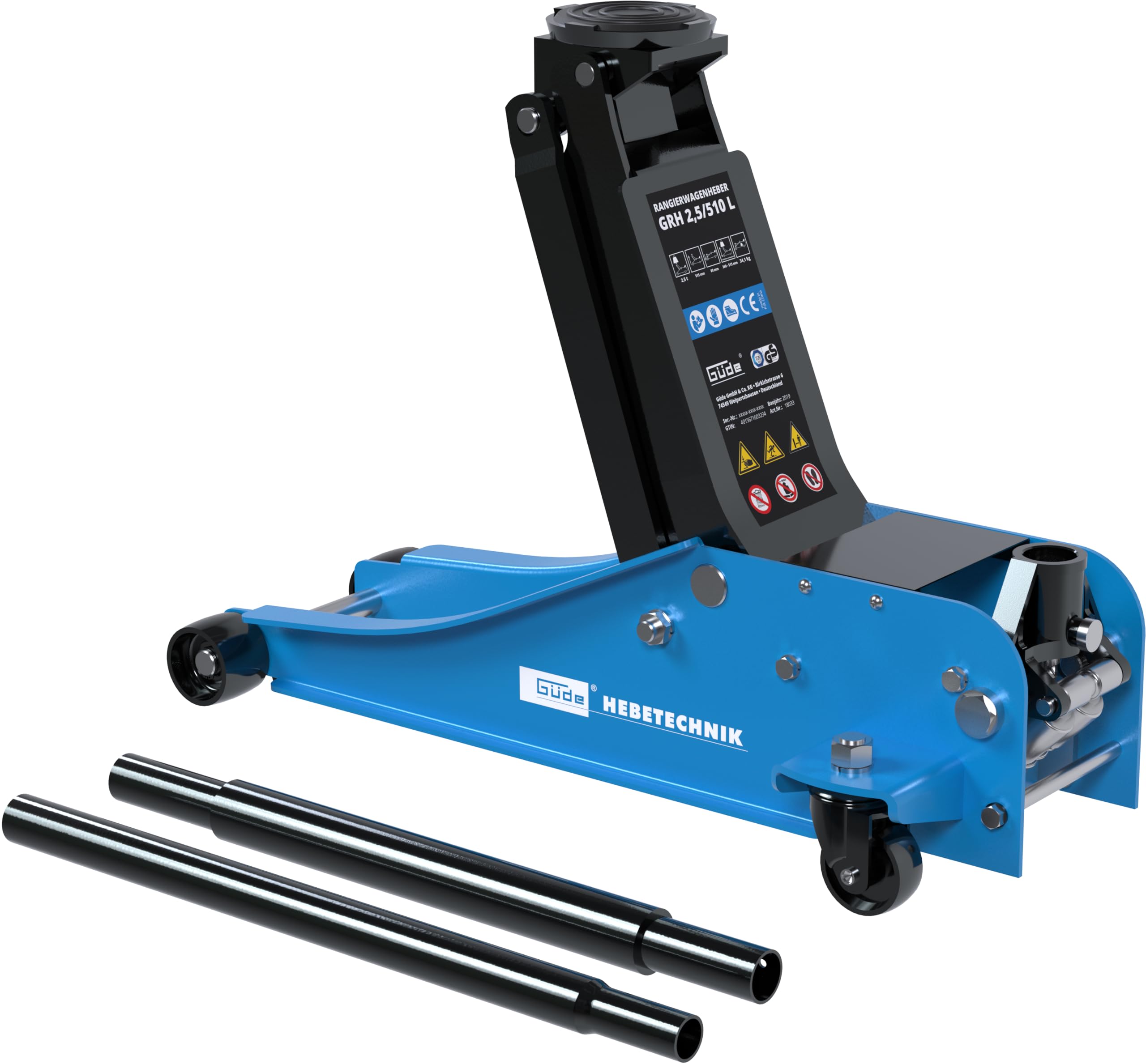 Güde GRH 2,5/510L Rangierwagenheber - 2,5 Tonnen Hubkraft, 10 Zentimeter Lastteller-Durchmesser, min. 8 bis max. 50,8 Zentimeter Hubhöhe, Doppelzylinder System, besonders niedrige Unterfahrhöhe