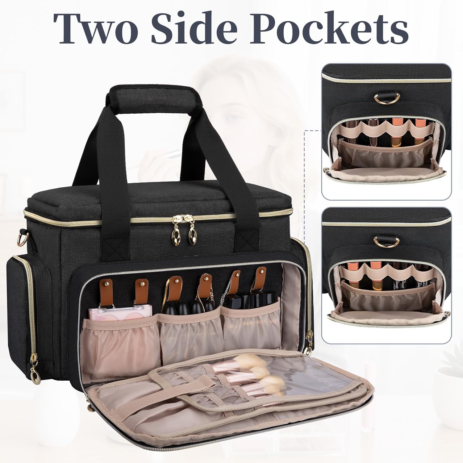 Large Makeup Bag, Portable Travel Makeup Bag Organizer for Women Girls with 2 Removable Pouches & Detachable Dividers, Cosmetic Travel Bag, Toiletry Bag for Makeup and Hair Supplies Black - Image 9