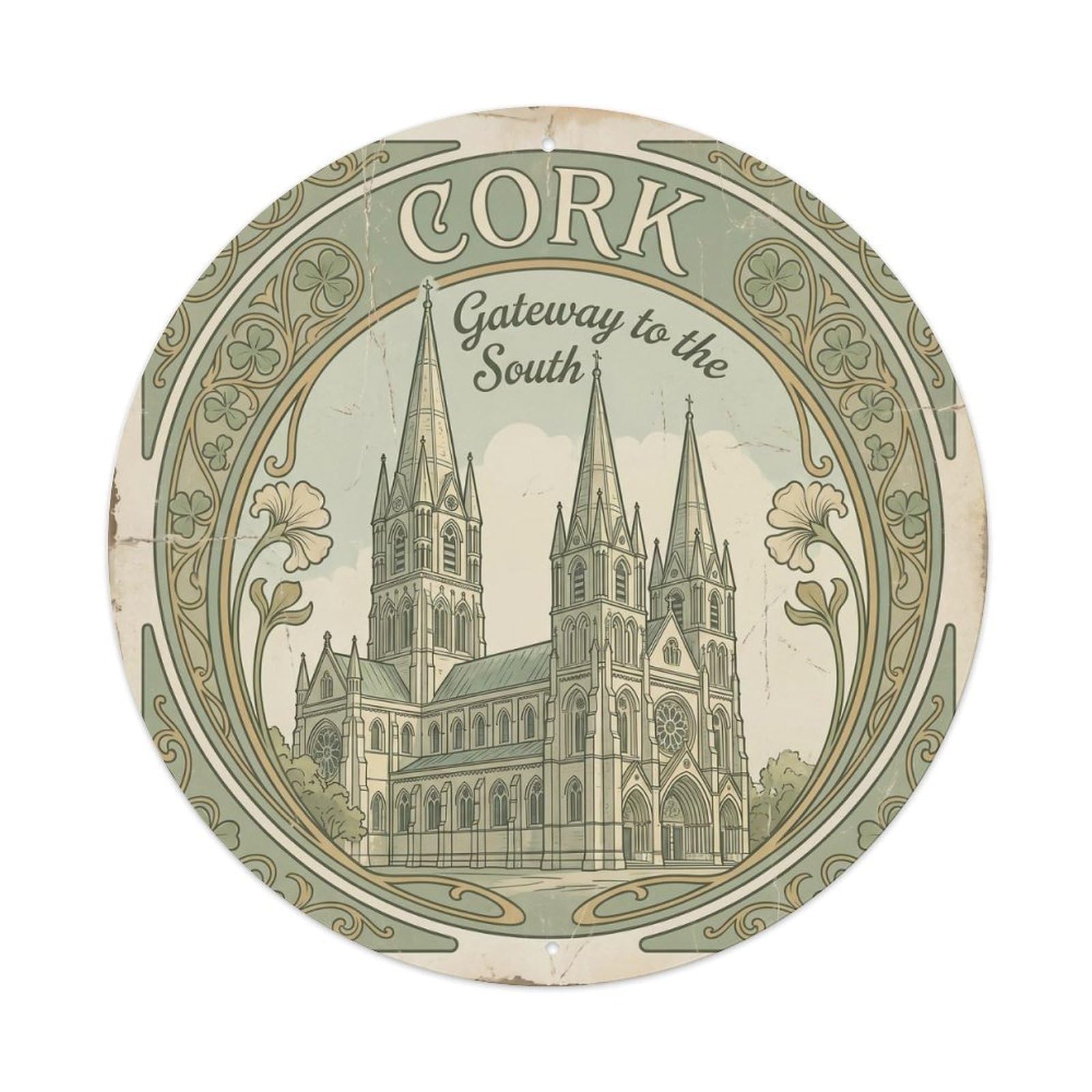 Vintage Travel Cathedral Cork Gateway Metal Tin Sign Plaque Wall Decor for Cafe, Club Bar, Office, Home Garden Round Metal Poster 8x8Inch