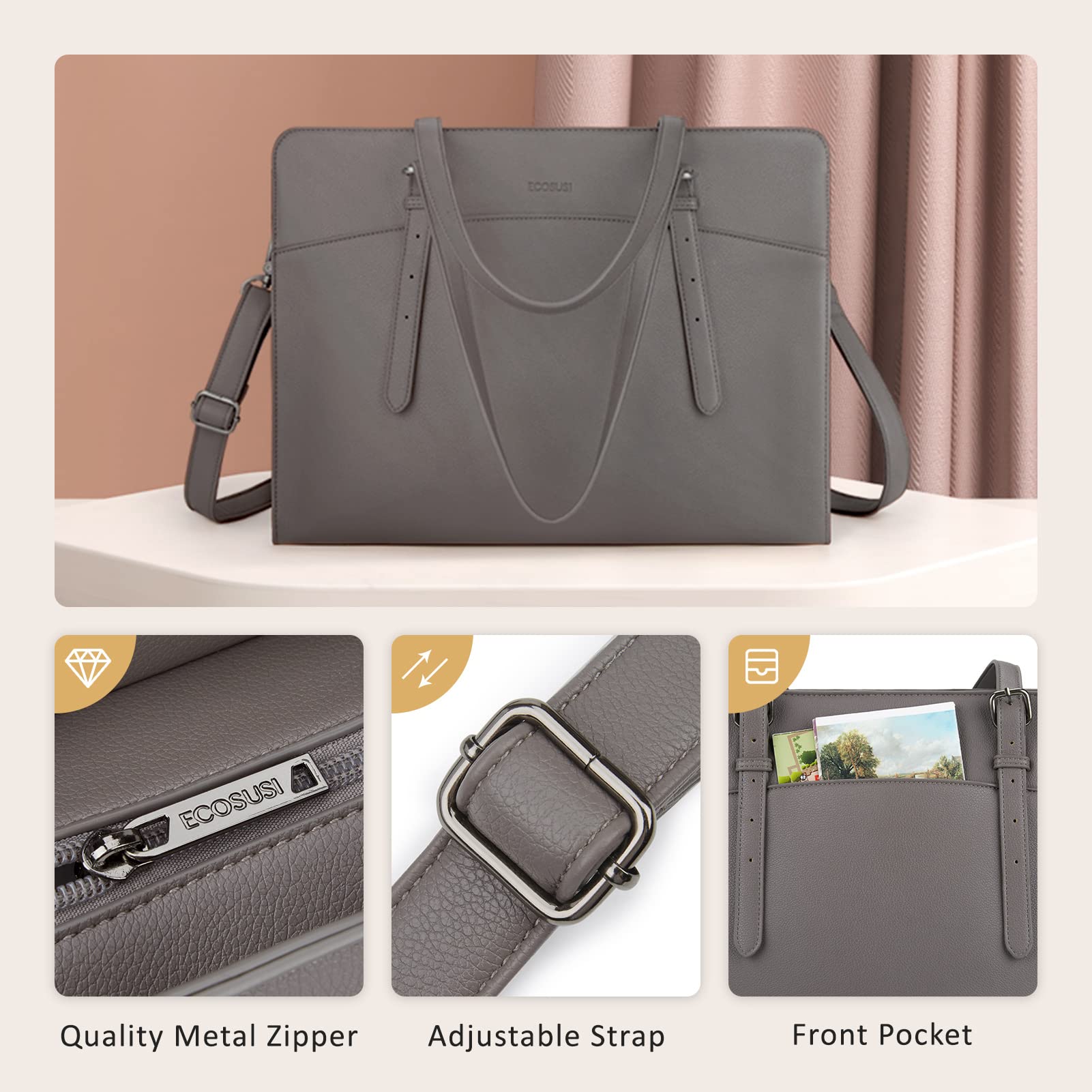 ECOSUSI Borsa Porta PC 15,6 Pollici Donna a Mano Tote Bag in Pelle PU Grande Borsa Ventiquattrore Lavoro Corso per Insegnanti Università Liceo,Grigio