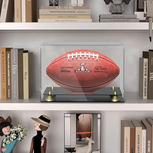 Miniatura 6 de KKU Estuche de exhibición de fútbol acrílico, funda de fútbol transparente para fútbol firmado, soporte de exhibición de fútbol negro de doble nivel