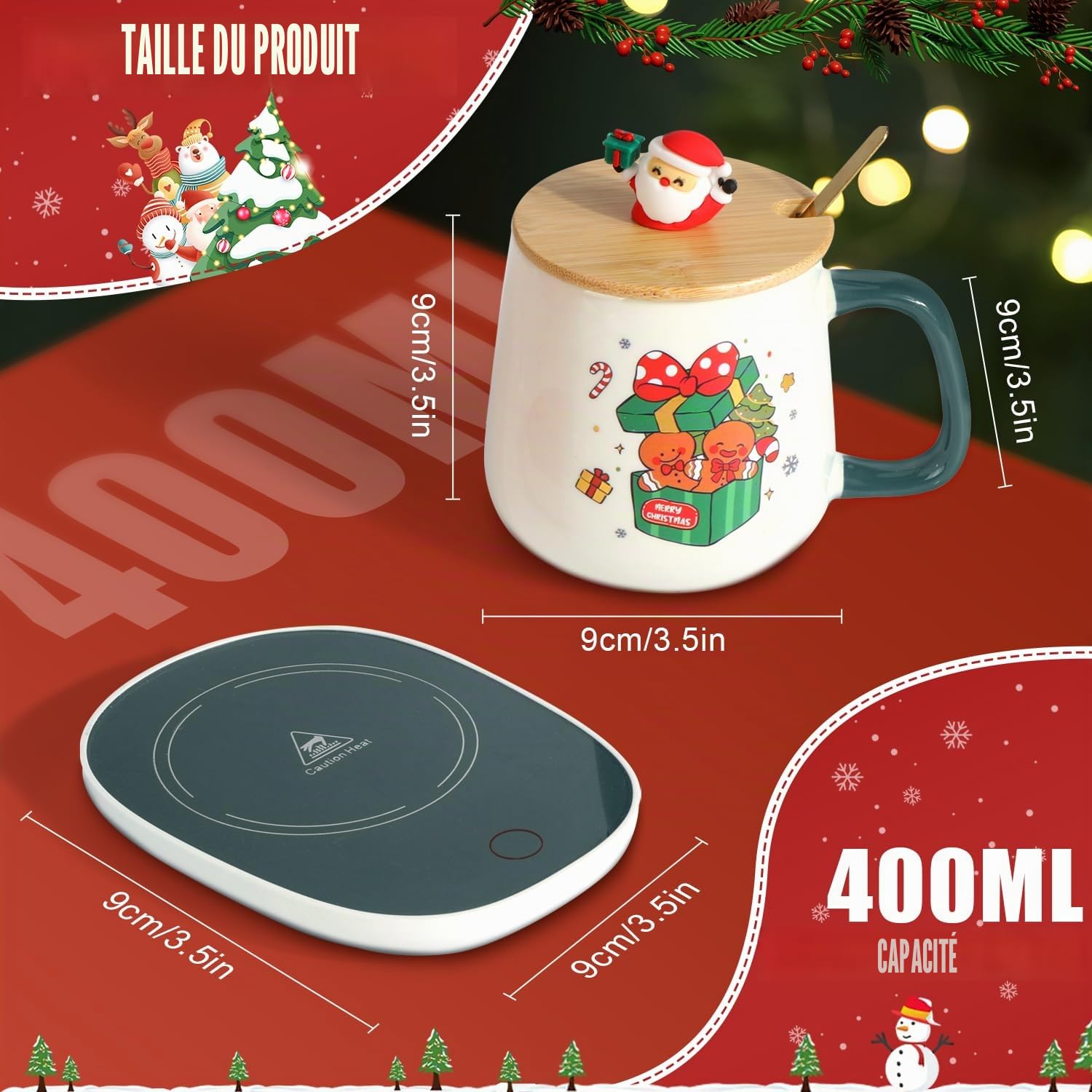 Chauffe-tasse chauffant pour Noël, chauffe-tasse électrique, chauffe-café, tasse de Noël de 400 ml, tasses de Noël (motif éléphant)