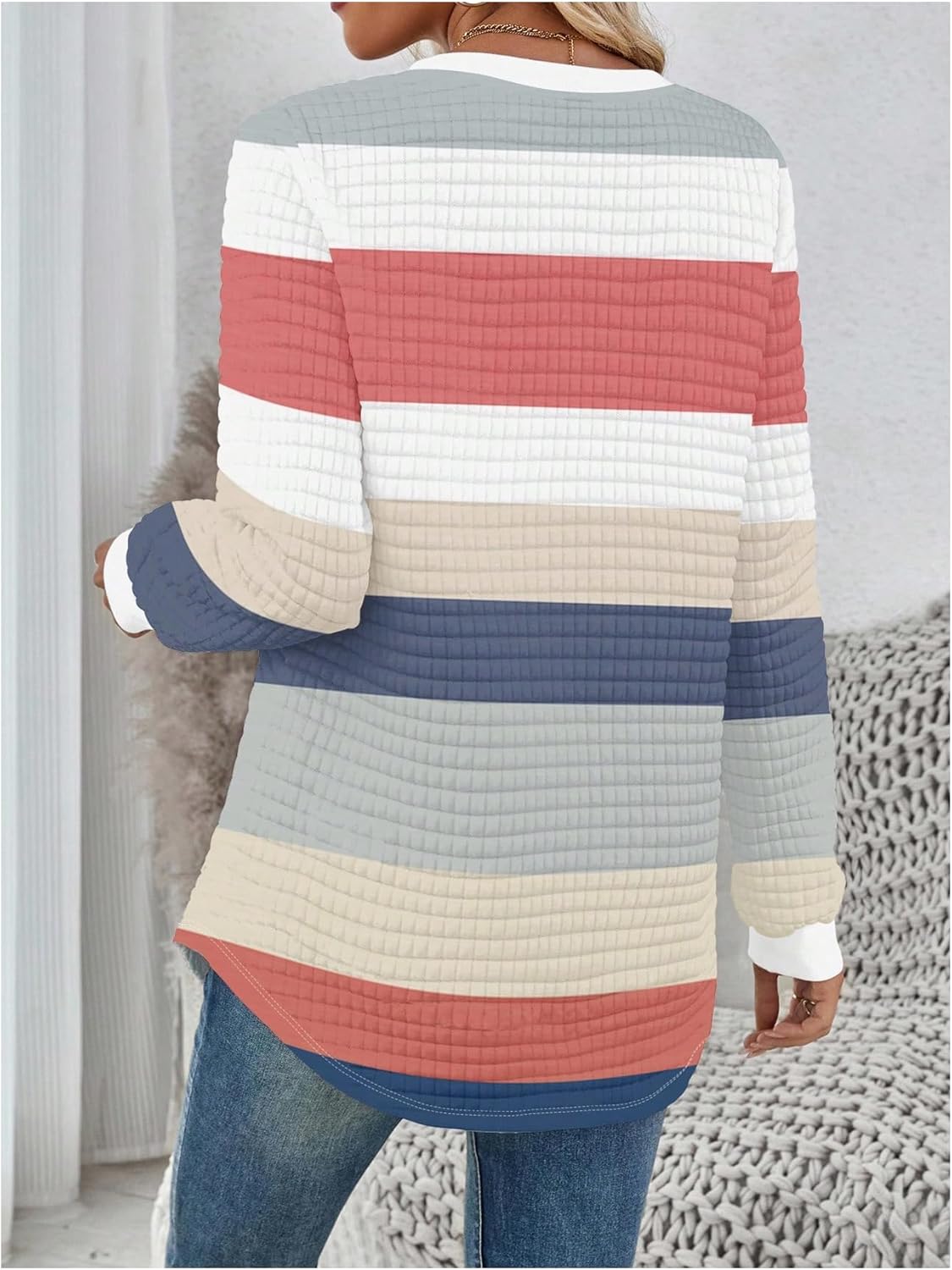 SOLY HUX Women's Color Block Striped Sweatshirt Long Sleeve Crew Neck Waffle Knit Pullover Fall Tops - Image 2