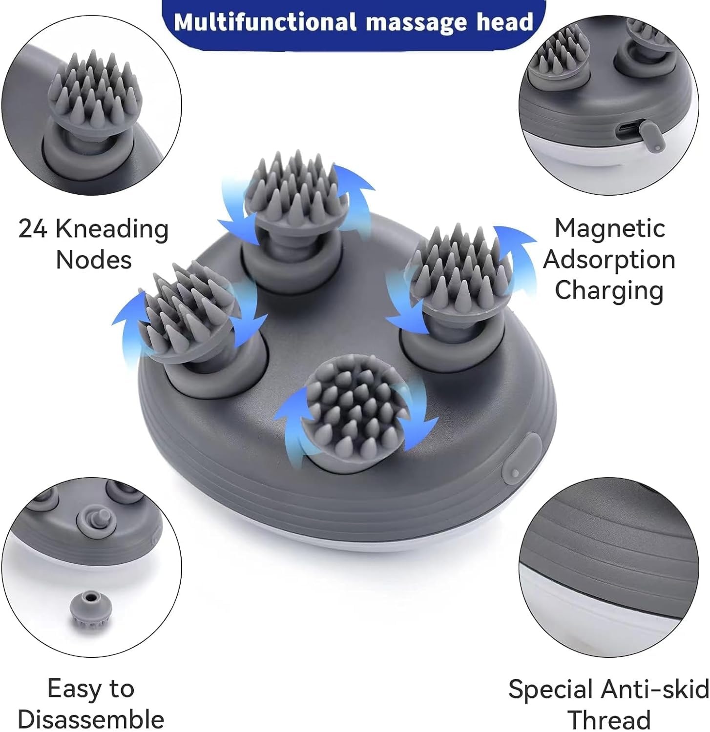 BIBIRE Masajeador eléctrico de cabeza inalámbrico, masajeador de mano IPX7, resistente al agua, con 4 cabezales de masaje y 3 modos de masaje, para masaje de cuerpo completo, cuerpo de perro