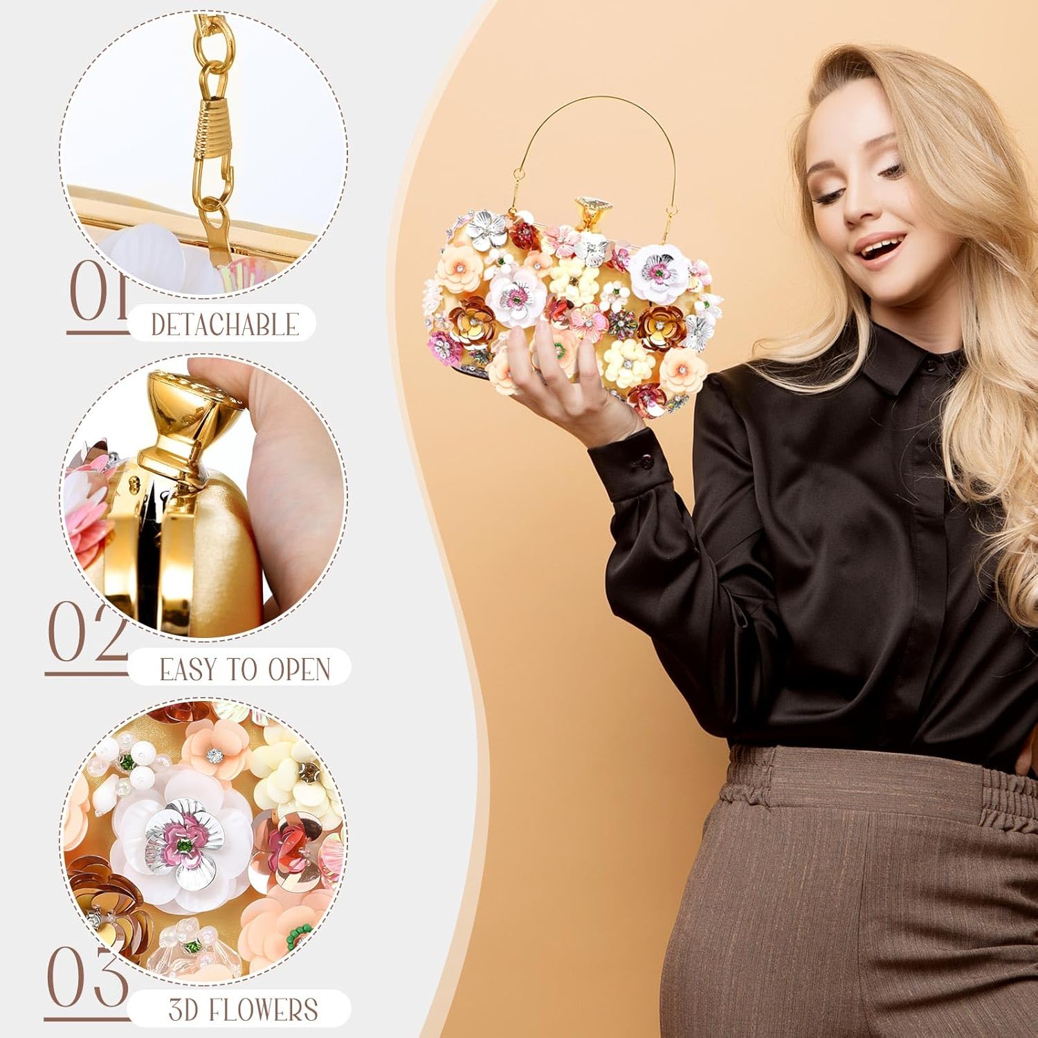 Clutch Purses for Women Flower Evening Bag 3D Floral Beaded Chain Strap Purses for Women Banquet Prom - Image 2